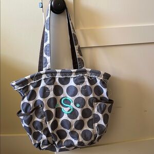 Thirty-One Gray and Cream Tote with Modern Polka Dot Design